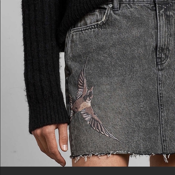All Saints Dresses & Skirts - All Saints Bird Embroidered Grey Denim Skirt